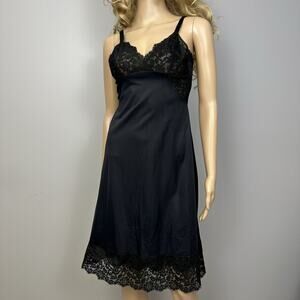 Vintage Shadowline Full Slip Dress Size 32 All Nylon Wide Lace Black 1960s USA
